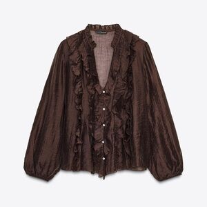 Zara Brown Ruffle-Front Blouse - XS